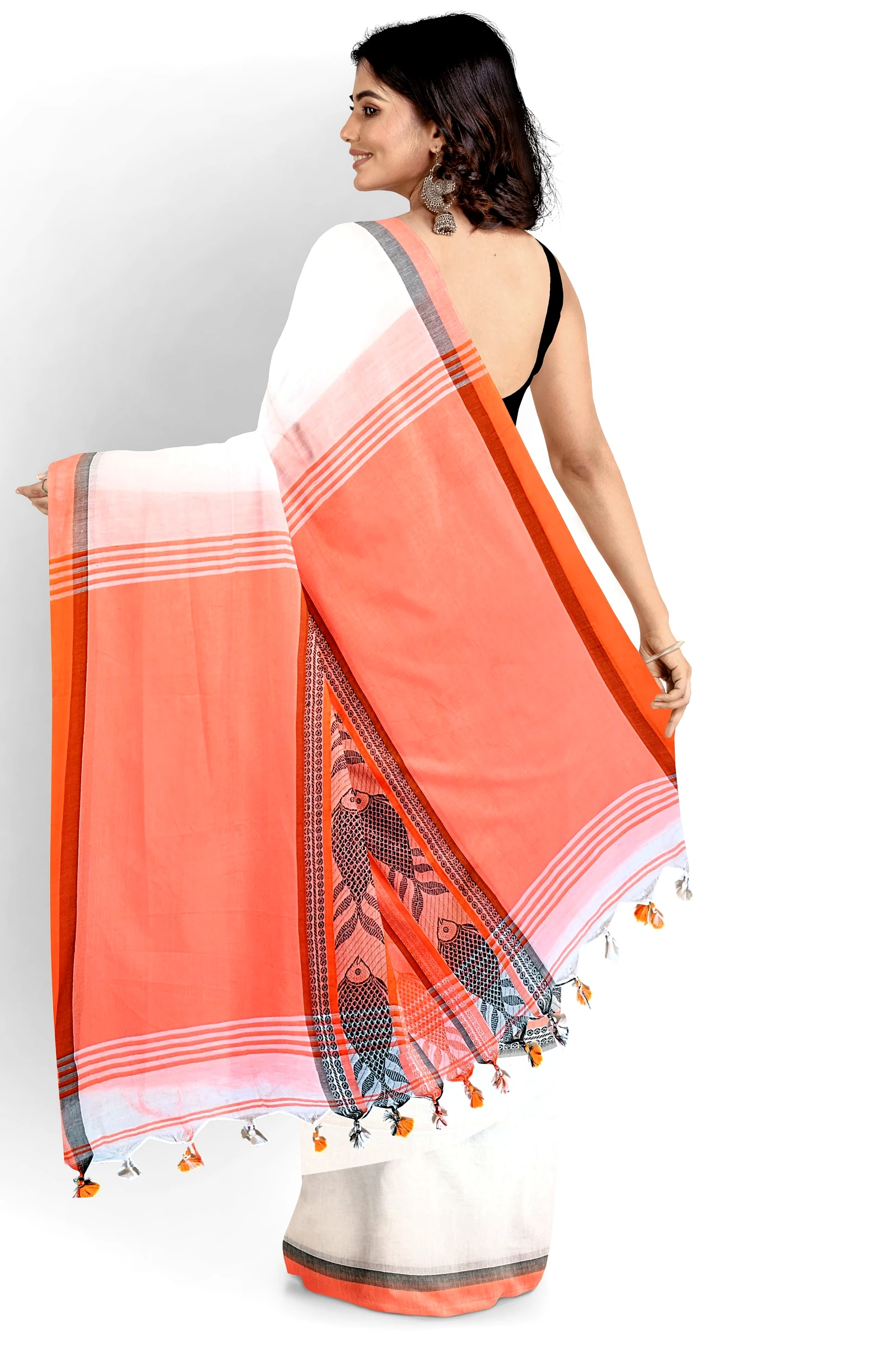 White Orange Pure Cotton Marine Hand Loom Saree (1280)